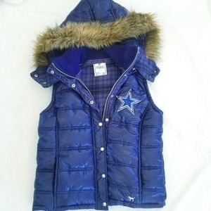Victoria's Secret PINK Vintage NFL Dallas Cowboys Puffer Hooded Vest Jacket Fur